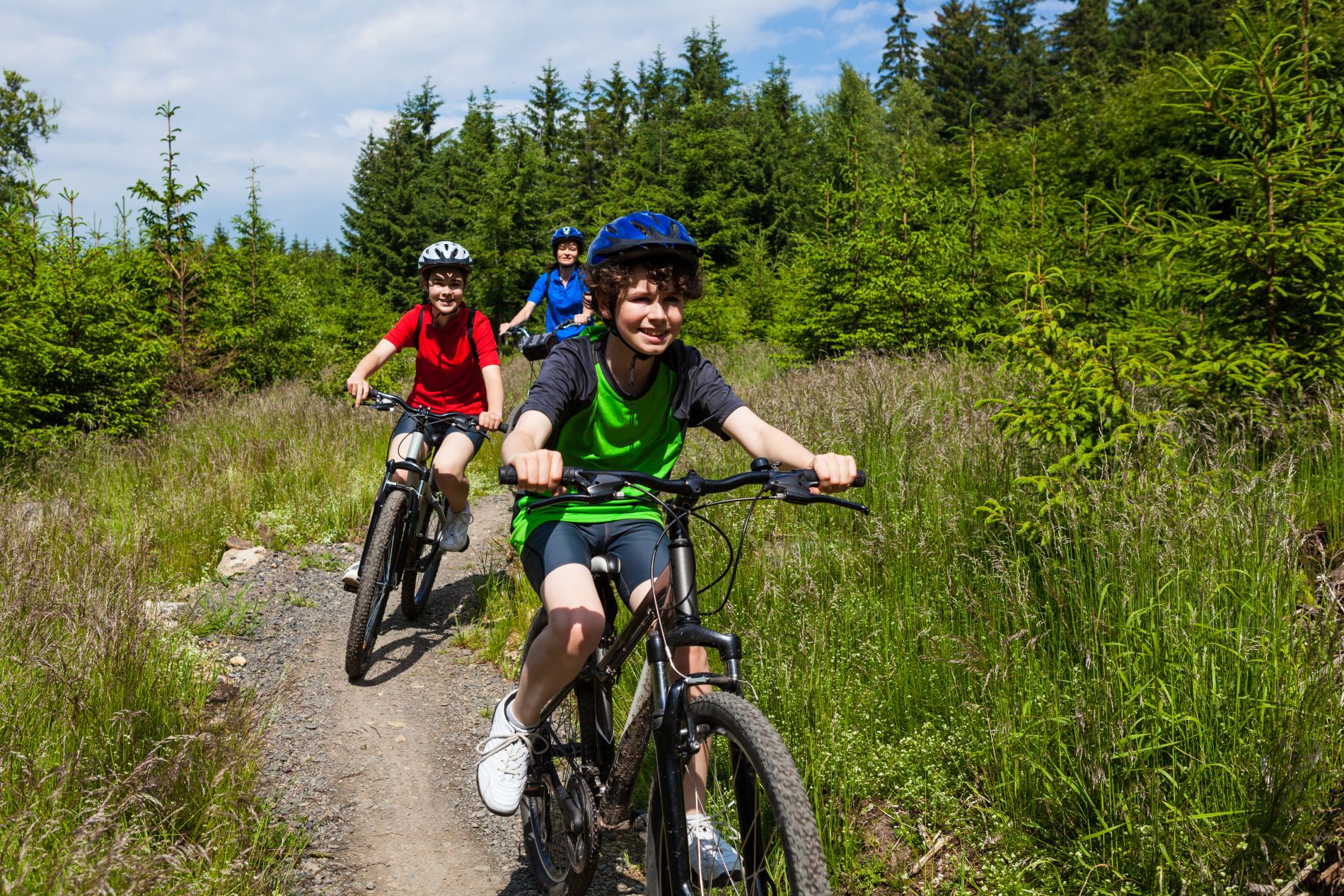 Zwei Kinder fahren mit Mountainbikes auf einem Waldtrail in Winterberg