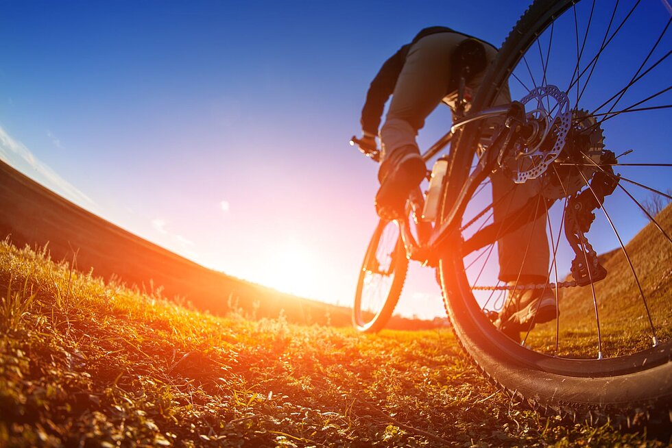 Eine Person fährt mit dem Mountainbike bei tiefstehender Sonne über einen naturbelassenen Weg
