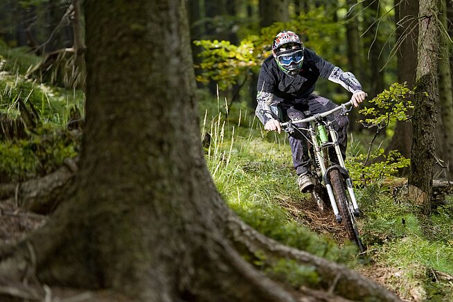 Mountainbiker fährt schnell einen schmalen Singletrail zwischen Bäumen